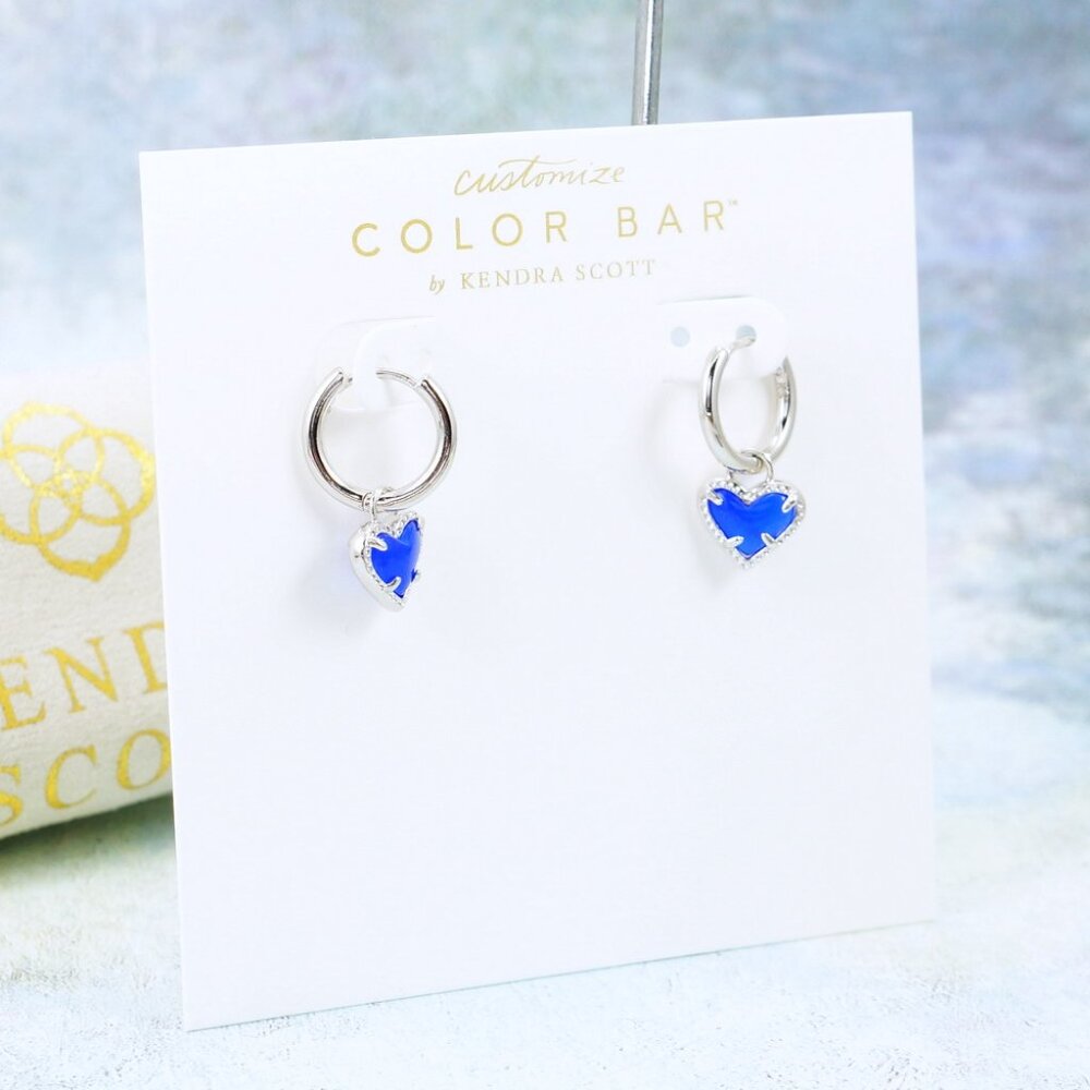 Kendra Scott Ari Heart Huggie Cat's Eye Cobalt Blue Earrings Silver September - Picture 3 of 4